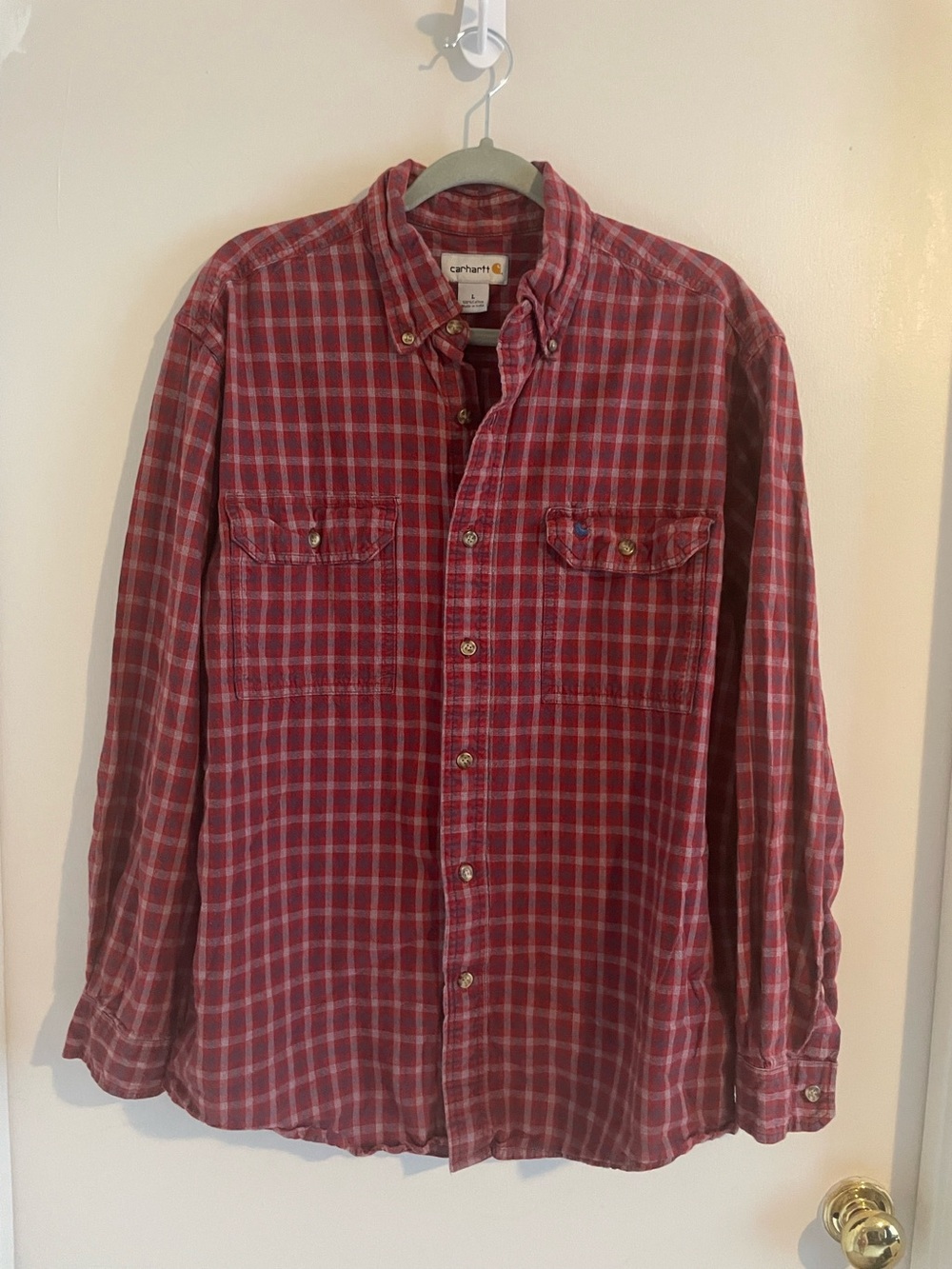 Carhartt Red Plaid Button-Down Work Shirt Men’s Sz L EUC 406